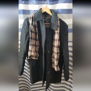 Elegant Black Pea Coat with Plaid Scarf